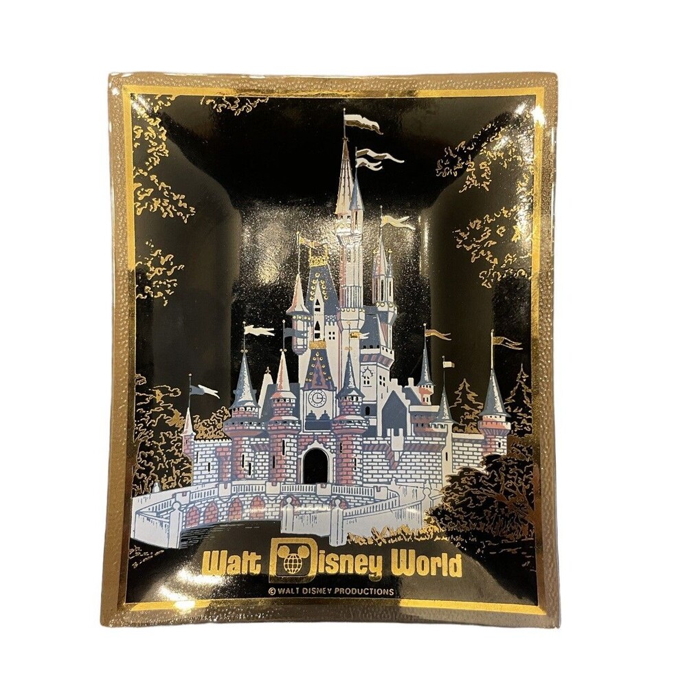 WDW Cinderella Castle Vintage Glass Dish Ash Tray Plate 1970s Black Gold